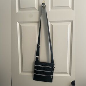 Black Nylon crossbody bag with 3 zippers, lightweight with adjustable straps
